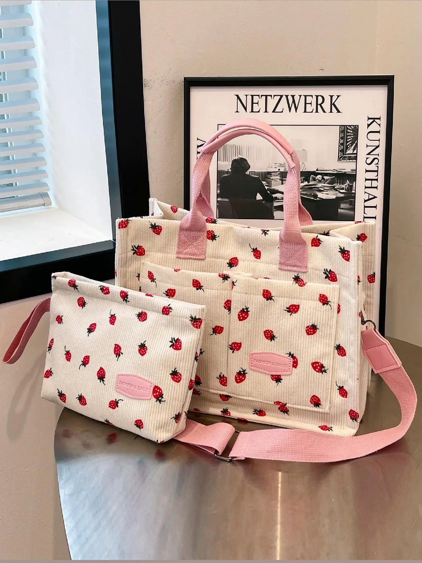 Women's Fashionable Solid Color/Fruit/Leopard Pattern Bag Set, 2 Counts Casual Versatile Tote Bag & Small Wristlet Bag for Women & Girls, Trendy Versatile Commuting Bag Set for Daily Use, Fabric Lining