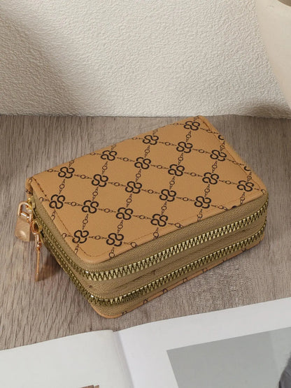 Women's Summer Retro Heart Print Double Zipper Around Coin Purse for Mothers Day Gift, Simple Casual Wallet Card Holder, Pu Leather Credit Card Storage Bag for Outdoors & Travel, Zippered Coin Pouch