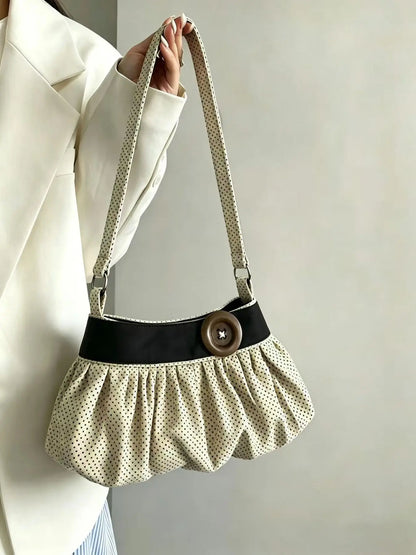 Retro Elegant Large Button Polka Dot Print Shoulder Bag, Fashionable Niche Texture Bag, Suitable for Daily Commuting, Shopping and Gatherings