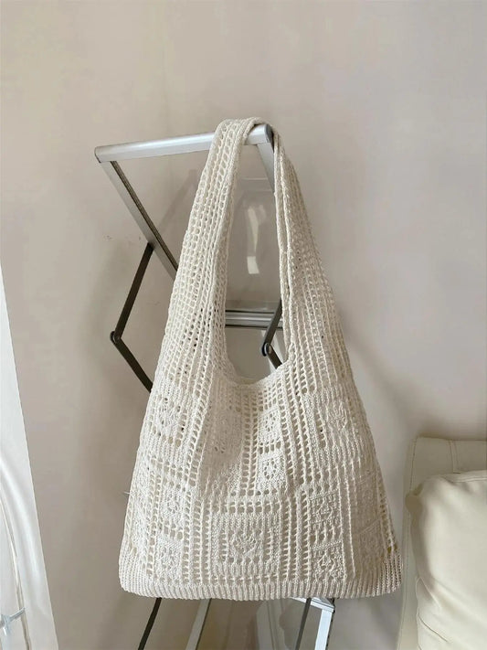 Women's Hollow‑Out Crochet Tote Bag, Fashionable Solid Color Shoulder Bag for Everyday Use, Casual Versatile High‑Quality Bag for Shopping and Beach, Trendy Aesthetic Tote Bag, Everyday Bags, Beach Tote Purse