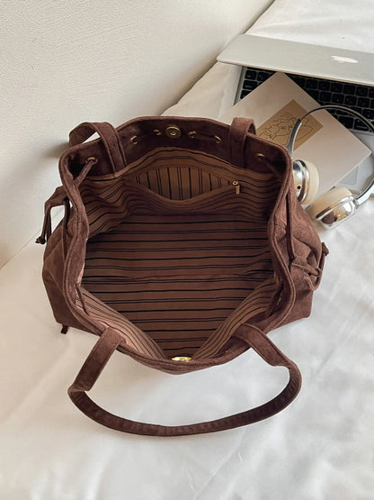 Retro Exquisite Tote Bag with Drawstring Closure Design, Stylish Versatile Large-Capacity Shoulder Bag, Suitable for Dates and Parties, Casual Commuter Bag