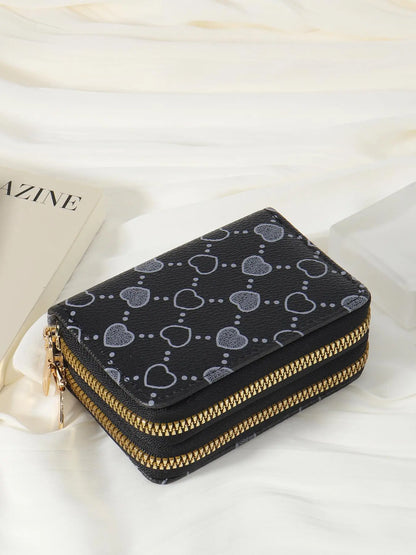 Women's Summer Retro Heart Print Double Zipper Around Coin Purse for Mothers Day Gift, Simple Casual Wallet Card Holder, Pu Leather Credit Card Storage Bag for Outdoors & Travel, Zippered Coin Pouch