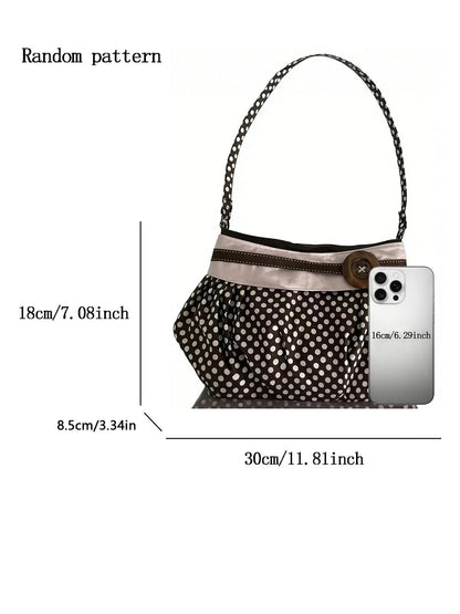 Retro Elegant Large Button Polka Dot Print Shoulder Bag, Fashionable Niche Texture Bag, Suitable for Daily Commuting, Shopping and Gatherings