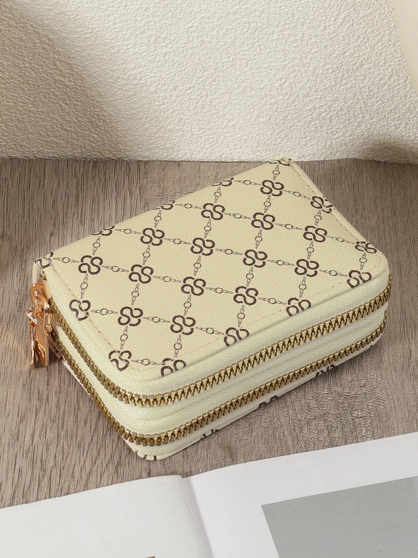Women's Summer Retro Heart Print Double Zipper Around Coin Purse for Mothers Day Gift, Simple Casual Wallet Card Holder, Pu Leather Credit Card Storage Bag for Outdoors & Travel, Zippered Coin Pouch