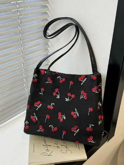 National Day Offers Random Floral Embroidered Canvas Shoulder Bag, Fashionable Large Capacity Tote Bag For Women, Trendy Women's Shopping Bag, Canvas Bags, Boho Bag, Handbag Shoulder Bag