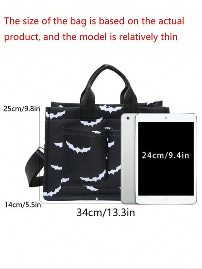 Women's Halloween Bat Pattern Canvas Crossbody Bag, Large Capacity Multi-Pocket Portable Shoulder Bag, Fashionable Crossbody Bag for Daily Use, Everyday Crossbody Shoulder Bags