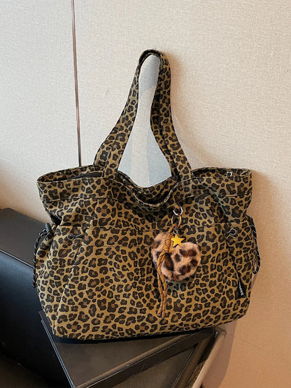 Leopard Print Plush Pendant Bag, Large Capacity Fashion Tote Bag for Work & Daily Use, Versatile Bag, Single Shoulder Crossbody Design, Stylish Bag, High Quality Bag, Fashionable Bags