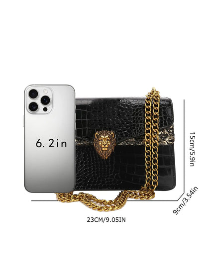 Women's Elegant Crocodile Embossed Stylish Crossbody Bag, Fashion Lion Head Decor Shoulder Bag for Daily Used, Casual Trendy Versatile High-quality Daily Commuting Bag, Fashion Crossbody Bags