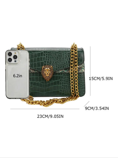 Women's Elegant Crocodile Embossed Stylish Crossbody Bag, Fashion Lion Head Decor Shoulder Bag for Daily Used, Casual Trendy Versatile High-quality Daily Commuting Bag, Fashion Crossbody Bags