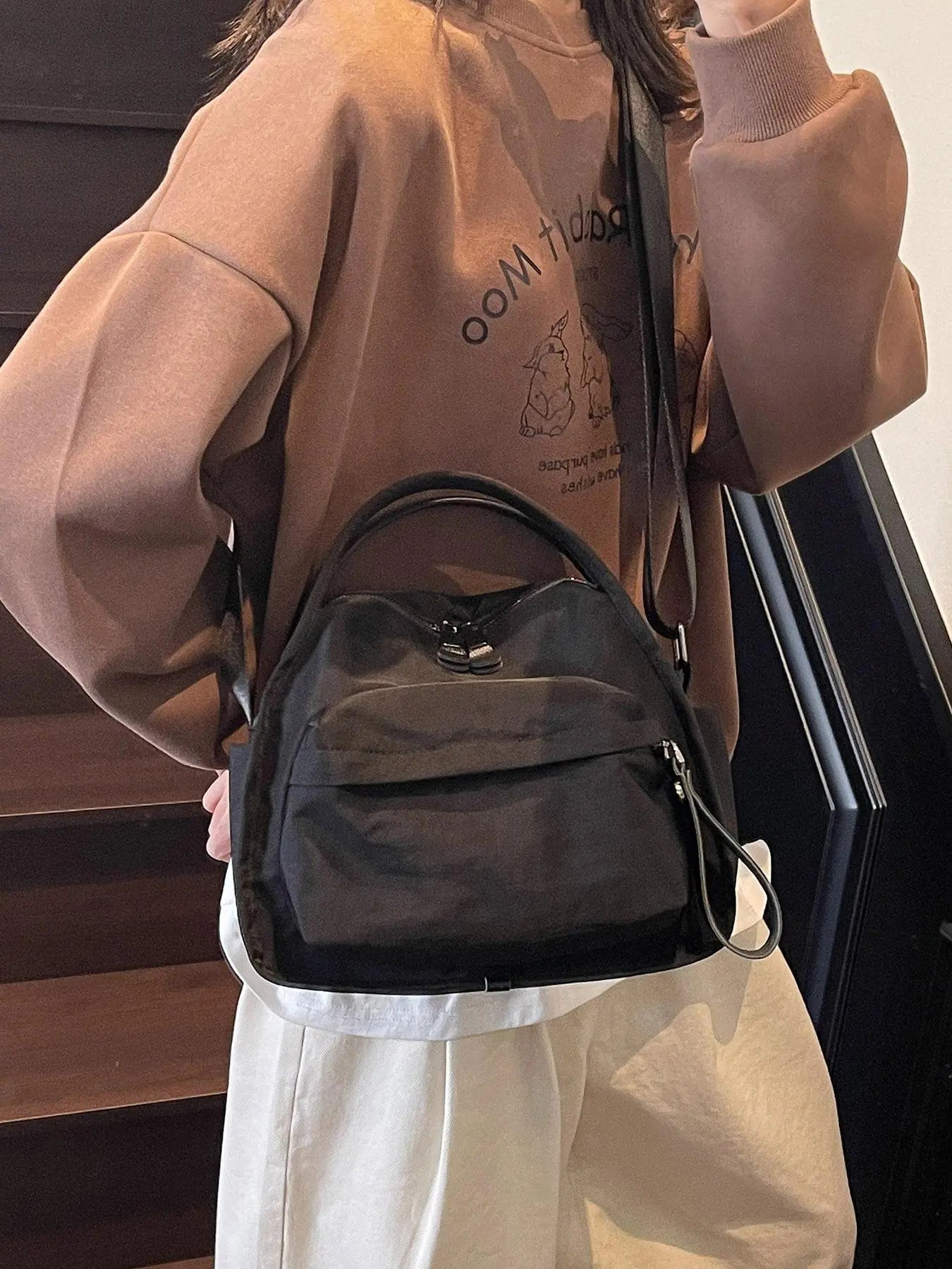 Ladies' elegant solid color shoulder bag, fashionable zipper All Match crossbody bag for daily use, simple solid color, casual trend versatile high-quality commuter shoulder bag, Fabric shoulder bags