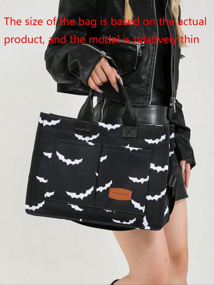 Women's Halloween Bat Pattern Canvas Crossbody Bag, Large Capacity Multi-Pocket Portable Shoulder Bag, Fashionable Crossbody Bag for Daily Use, Everyday Crossbody Shoulder Bags