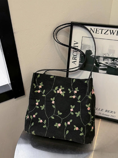 National Day Offers Random Floral Embroidered Canvas Shoulder Bag, Fashionable Large Capacity Tote Bag For Women, Trendy Women's Shopping Bag, Canvas Bags, Boho Bag, Handbag Shoulder Bag