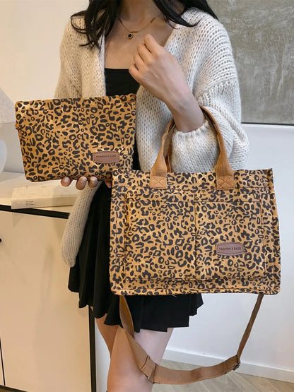 Women's Fashionable Solid Color/Fruit/Leopard Pattern Bag Set, 2 Counts Casual Versatile Tote Bag & Small Wristlet Bag for Women & Girls, Trendy Versatile Commuting Bag Set for Daily Use, Fabric Lining