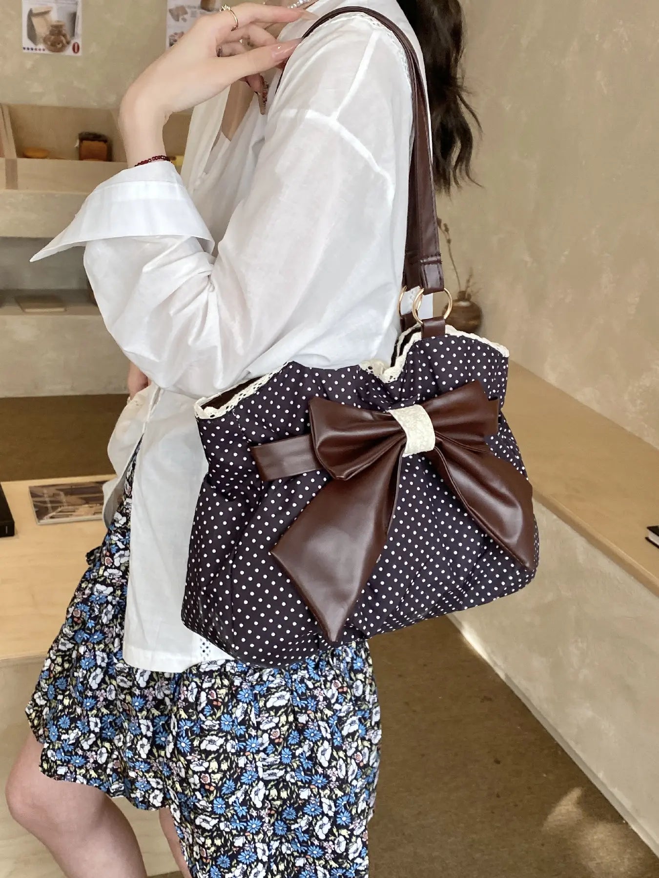 Trendy Fashion Large Capacity Polka Dot Bag with Bow Decor, Fashionable Patterned Bag, Handheld Shoulder Bag, Handbag Shoulder Purse, Stylish Women’s Accessory, PU Leather Bag Perfect for Daily Use