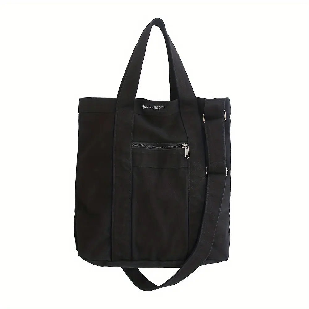 Retro Japanese-Style Canvas Shoulder Bag for Men, Adjustable Strap, Casual Commuter Handbag, Solid Color Black
