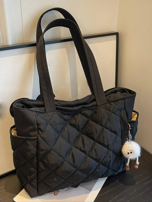 Women's Solid Color Puffer Quilted Design Shoulder Bag with Pom Pom Charm, Fashionable Large Capacity Tote Bag for Daily Used, Casual Commuter Bag, Casual Trendy Versatile High-quality Daily Commuting Bag