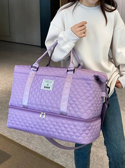 Letter Patched Design Large Capacity Durable Travel Bag, Lightweight Portable Folding Duffel Bag, Multi-function Dry & Wet Separation Bag for Travel, Traveling Bag, Multifunctional Travel Bag, Durable Duffels, Travel Duffle Bags