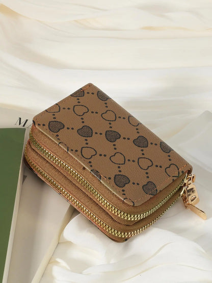 Women's Summer Retro Heart Print Double Zipper Around Coin Purse for Mothers Day Gift, Simple Casual Wallet Card Holder, Pu Leather Credit Card Storage Bag for Outdoors & Travel, Zippered Coin Pouch