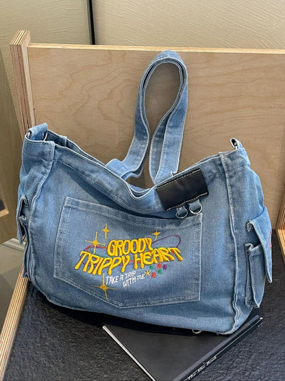 College student tote bag for girls large capacity denim trend new style one-shoulder crossbody handbag niche design backpack, college, outdoor, sports, travel, outing, shopping, vacation, vacation, fashion niche design, women bag