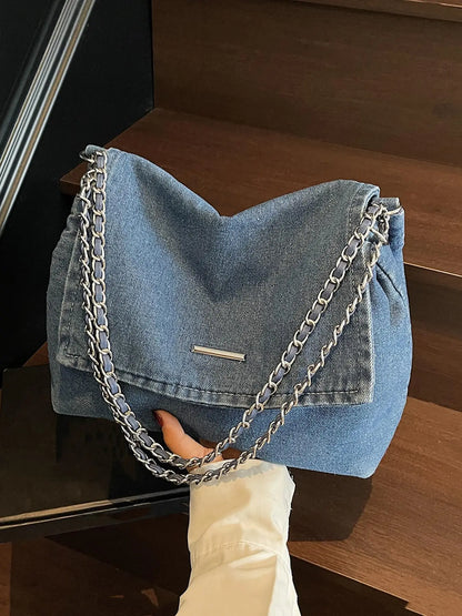 Fashion Denim Chain Shoulder Bag, 2026 New Styling Casual Versatile Crossbody Bag for Women, Trendy All-match Commuter Bag for Daily Travel Work Commute