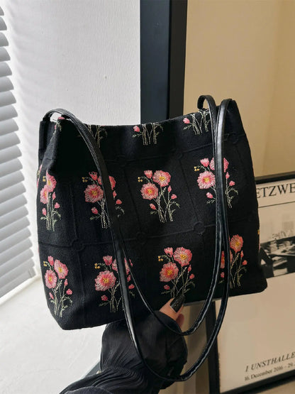 National Day Offers Random Floral Embroidered Canvas Shoulder Bag, Fashionable Large Capacity Tote Bag For Women, Trendy Women's Shopping Bag, Canvas Bags, Boho Bag, Handbag Shoulder Bag