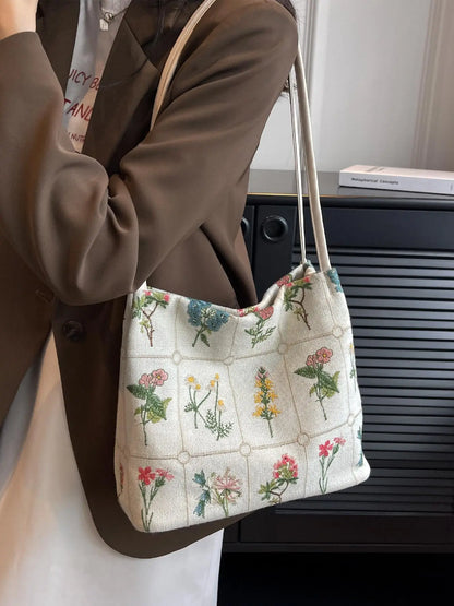 National Day Offers Random Floral Embroidered Canvas Shoulder Bag, Fashionable Large Capacity Tote Bag For Women, Trendy Women's Shopping Bag, Canvas Bags, Boho Bag, Handbag Shoulder Bag
