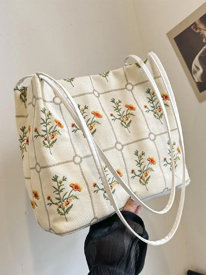 National Day Offers Random Floral Embroidered Canvas Shoulder Bag, Fashionable Large Capacity Tote Bag For Women, Trendy Women's Shopping Bag, Canvas Bags, Boho Bag, Handbag Shoulder Bag