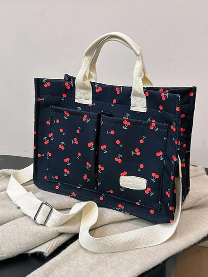 Summer Everything Tote Bag for Women, Plain/Cherry Pattern Work Bag, Everyday Shoulder Bag, Trendy Versatile Commuting Bag, Girl Large Beach Bags, Fabric Shoulder Bags