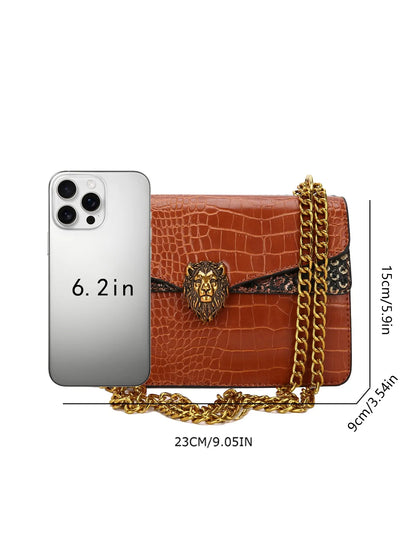Women's Elegant Crocodile Embossed Stylish Crossbody Bag, Fashion Lion Head Decor Shoulder Bag for Daily Used, Casual Trendy Versatile High-quality Daily Commuting Bag, Fashion Crossbody Bags