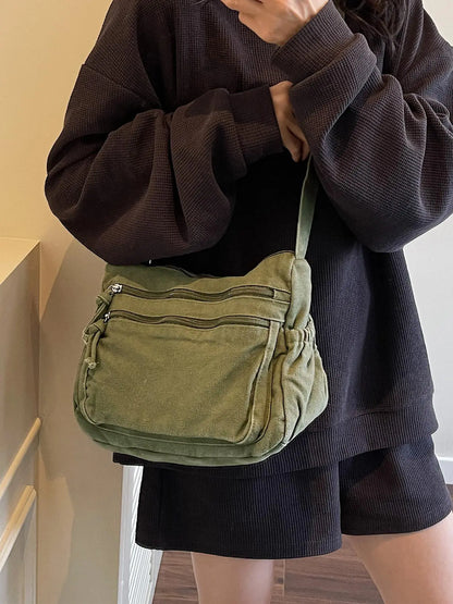 Ladies' solid color retro multi pocket canvas crossbody bag, fashionable and simple daily commuting easy to match with shoulder bag, Casual Commuter Bag, Multi Compartment Bag, Trendy Commuting Bag, Crossbody Shoulder Bags