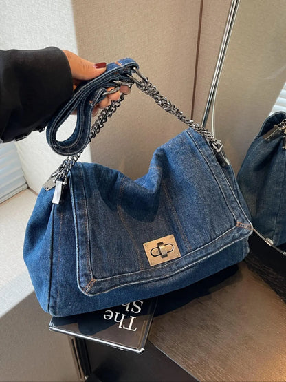 Women's Large-Capacity Denim Shoulder Bag, Chain Strap Crossbody Messenger Bag, Casual Daily Commuter Bag, Everyday Shoulder Bag, Fashion Chain Bag