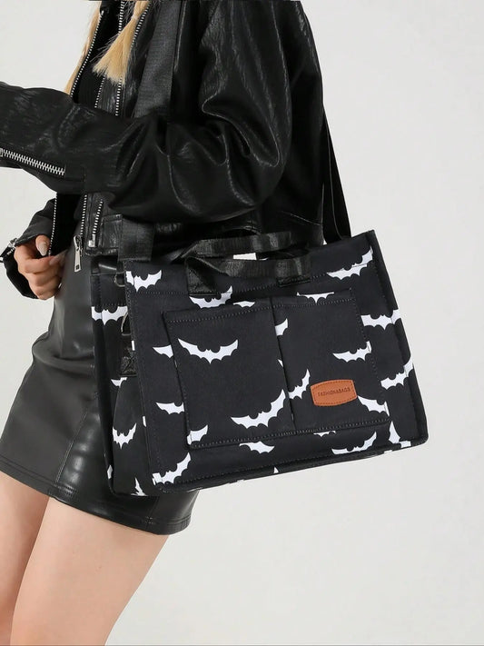 Women's Halloween Bat Pattern Canvas Crossbody Bag, Large Capacity Multi-Pocket Portable Shoulder Bag, Fashionable Crossbody Bag for Daily Use, Everyday Crossbody Shoulder Bags