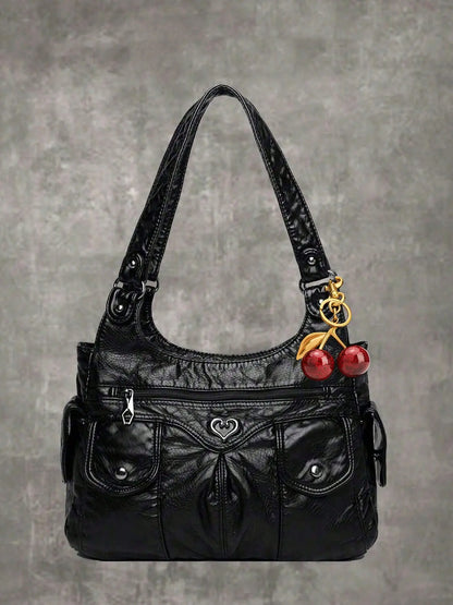 Women's Fashionable Heart-Decorated Plain Tote Bag, Casual Large-Capacity Shoulder Shopping Bag, Versatile Handbag Purse for Daily Use, Aesthetic Shoulder Handbag
