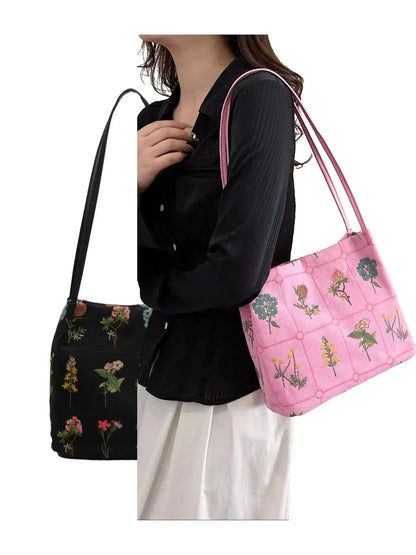 National Day Offers Random Floral Embroidered Canvas Shoulder Bag, Fashionable Large Capacity Tote Bag For Women, Trendy Women's Shopping Bag, Canvas Bags, Boho Bag, Handbag Shoulder Bag