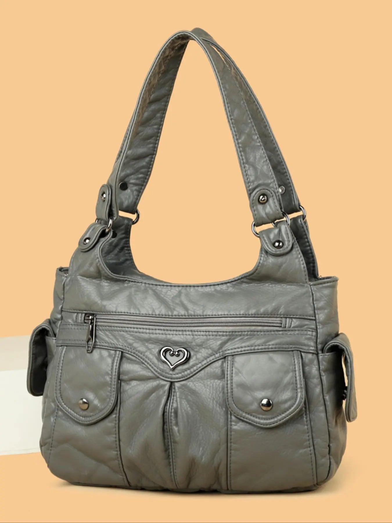 Women's Fashionable Heart-Decorated Plain Tote Bag, Casual Large-Capacity Shoulder Shopping Bag, Versatile Handbag Purse for Daily Use, Aesthetic Shoulder Handbag