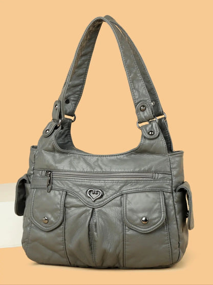 Women's Fashionable Heart-Decorated Plain Tote Bag, Casual Large-Capacity Shoulder Shopping Bag, Versatile Handbag Purse for Daily Use, Aesthetic Shoulder Handbag