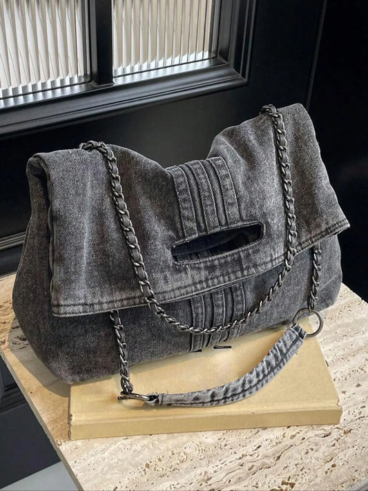 Women's Large-Capacity Denim Shoulder Bag, Chain Strap Crossbody Messenger Bag, Casual Daily Commuter Bag, Everyday Shoulder Bag, Fashion Chain Bag