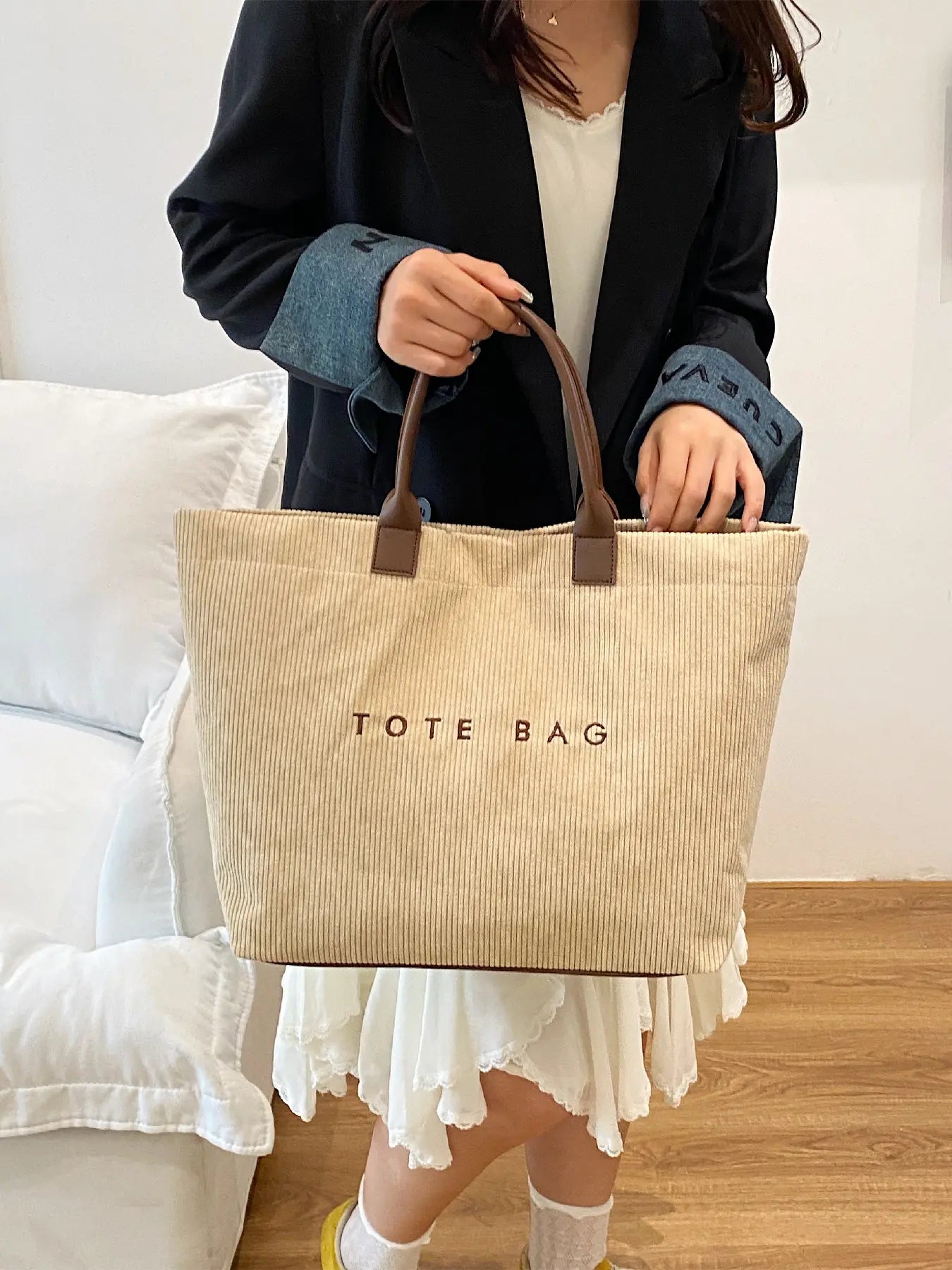 Casual Fashion Large Capacity Corduroy Letter Design Handbag, Perfect for Work & Daily Use, Stylish and Spacious Shoulder Bag, Fashion Bags
