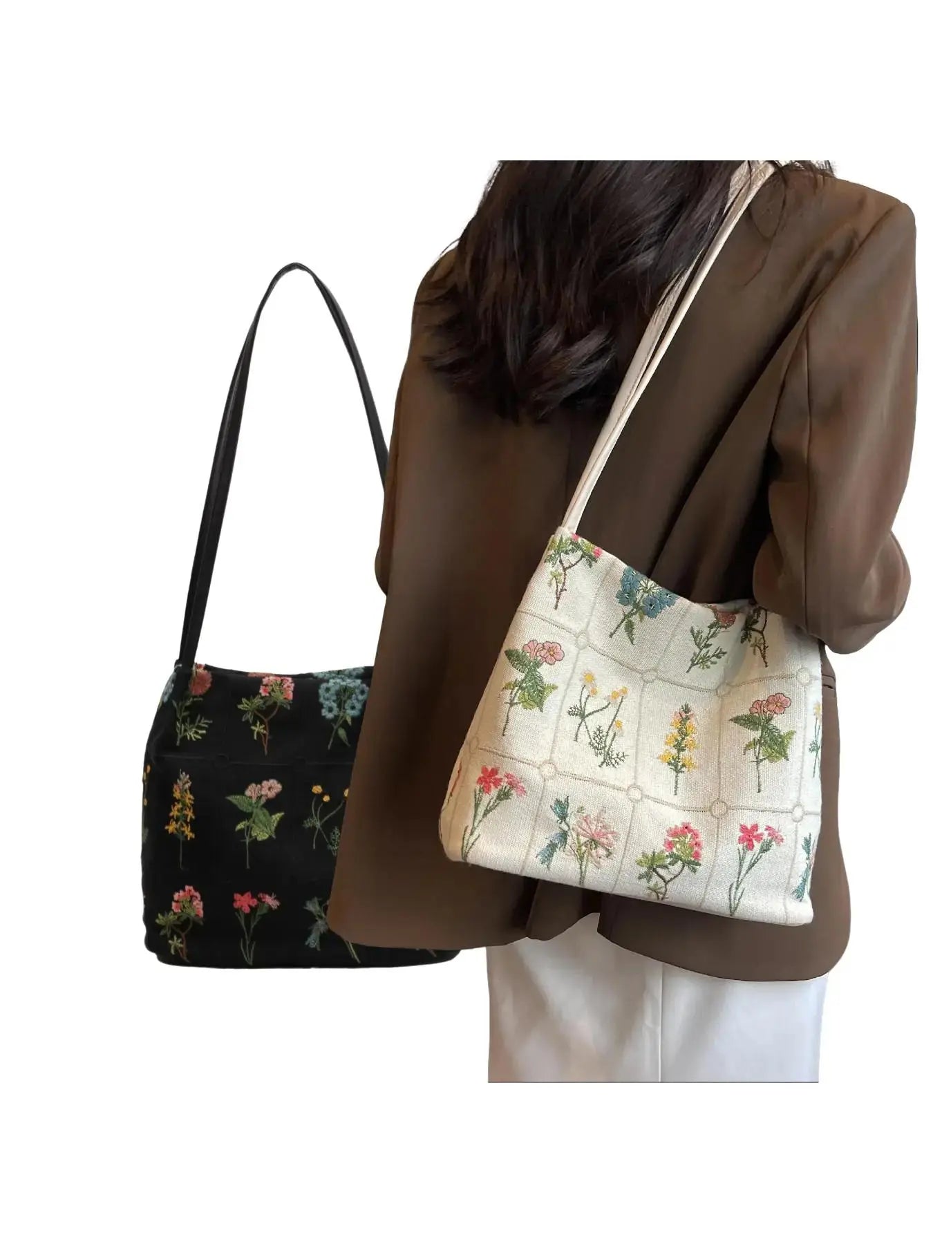 National Day Offers Random Floral Embroidered Canvas Shoulder Bag, Fashionable Large Capacity Tote Bag For Women, Trendy Women's Shopping Bag, Canvas Bags, Boho Bag, Handbag Shoulder Bag