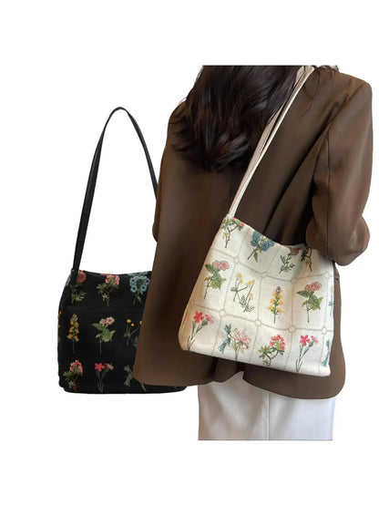 National Day Offers Random Floral Embroidered Canvas Shoulder Bag, Fashionable Large Capacity Tote Bag For Women, Trendy Women's Shopping Bag, Canvas Bags, Boho Bag, Handbag Shoulder Bag