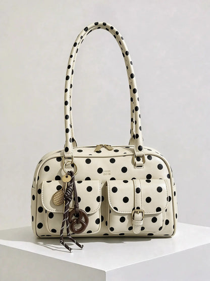 Retro style double pocket handbag, fashionable underarm shoulder bag with pendant, simple and versatile single shoulder baguette bag, niche design suitable for college students, office workers daily commuting, etc.