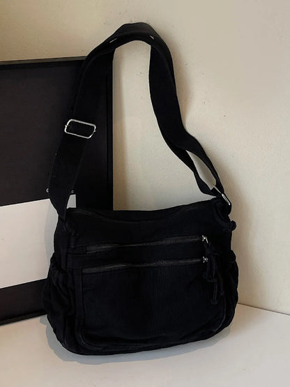 Ladies' solid color retro multi pocket canvas crossbody bag, fashionable and simple daily commuting easy to match with shoulder bag, Casual Commuter Bag, Multi Compartment Bag, Trendy Commuting Bag, Crossbody Shoulder Bags