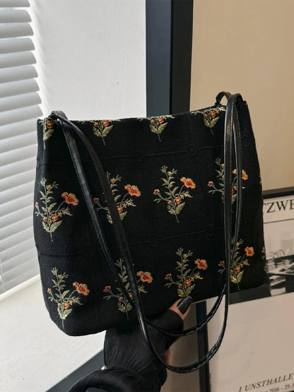 National Day Offers Random Floral Embroidered Canvas Shoulder Bag, Fashionable Large Capacity Tote Bag For Women, Trendy Women's Shopping Bag, Canvas Bags, Boho Bag, Handbag Shoulder Bag