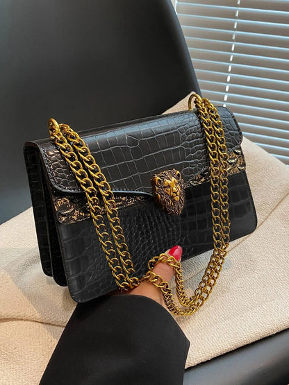 Women's Elegant Crocodile Embossed Stylish Crossbody Bag, Fashion Lion Head Decor Shoulder Bag for Daily Used, Casual Trendy Versatile High-quality Daily Commuting Bag, Fashion Crossbody Bags