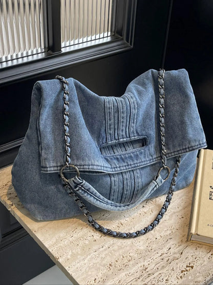 Women's Large-Capacity Denim Shoulder Bag, Chain Strap Crossbody Messenger Bag, Casual Daily Commuter Bag, Everyday Shoulder Bag, Fashion Chain Bag