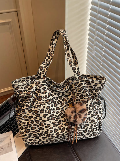 Leopard Print Plush Pendant Bag, Large Capacity Fashion Tote Bag for Work & Daily Use, Versatile Bag, Single Shoulder Crossbody Design, Stylish Bag, High Quality Bag, Fashionable Bags