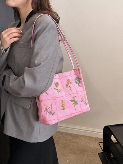 National Day Offers Random Floral Embroidered Canvas Shoulder Bag, Fashionable Large Capacity Tote Bag For Women, Trendy Women's Shopping Bag, Canvas Bags, Boho Bag, Handbag Shoulder Bag