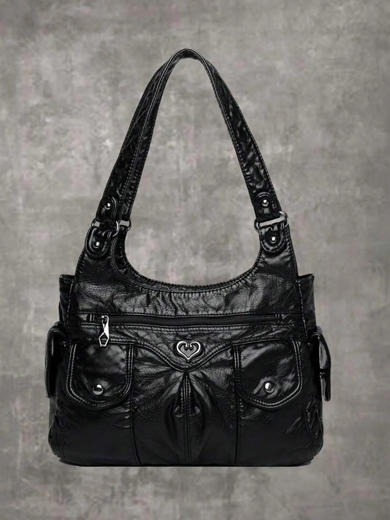 Women's Fashionable Heart-Decorated Plain Tote Bag, Casual Large-Capacity Shoulder Shopping Bag, Versatile Handbag Purse for Daily Use, Aesthetic Shoulder Handbag