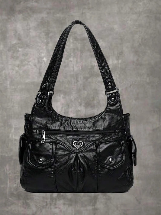 Women's Fashionable Heart-Decorated Plain Tote Bag, Casual Large-Capacity Shoulder Shopping Bag, Versatile Handbag Purse for Daily Use, Aesthetic Shoulder Handbag