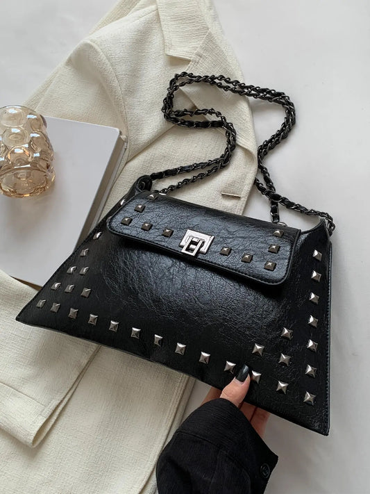 Women's Rivet Decor Casual Shoulder Bag, Solid Color Bag for Daily Use, Daily Commuting Bag, Shopping Bag, Everyday Crossbody Bag, Crossbody Bags, PU Leather Bag